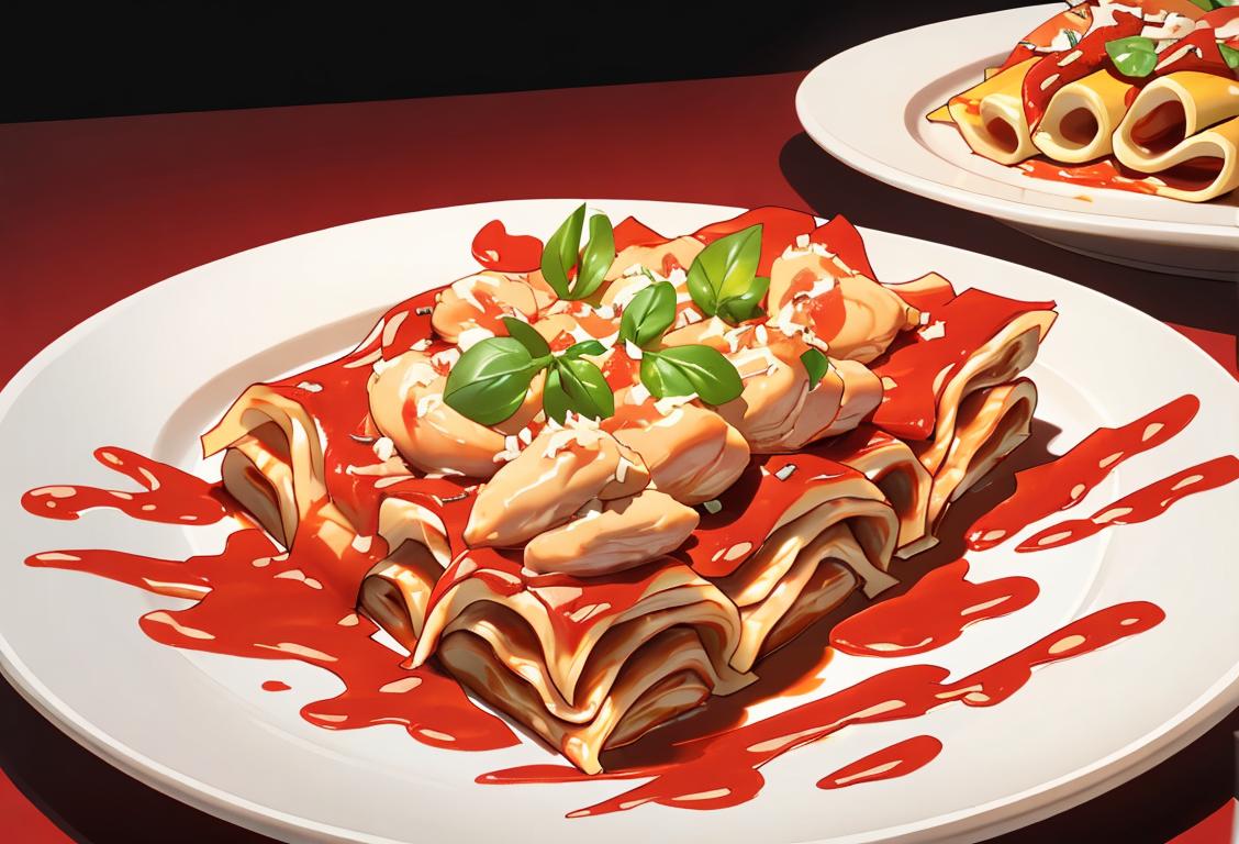 A plate of delicious lasagna topped with chicken wings, surrounded by football jerseys and a cheering crowd..