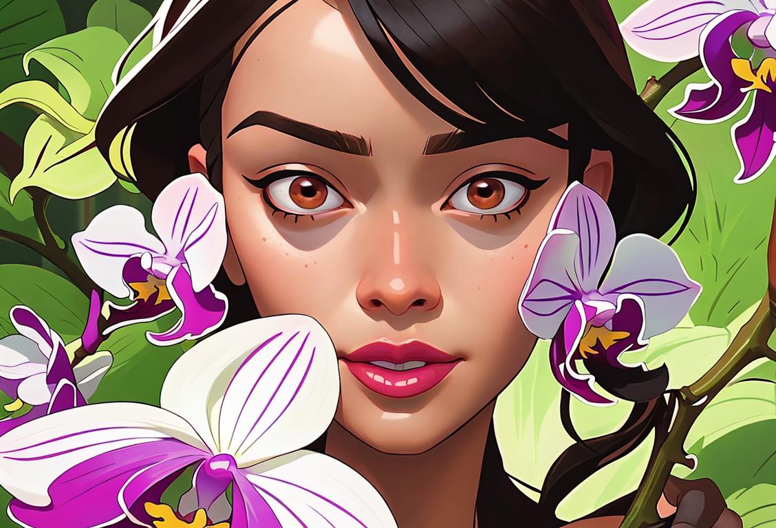 A close-up of a vibrant orchid blossom with a gardener wearing floral patterned gloves, surrounded by lush greenery..