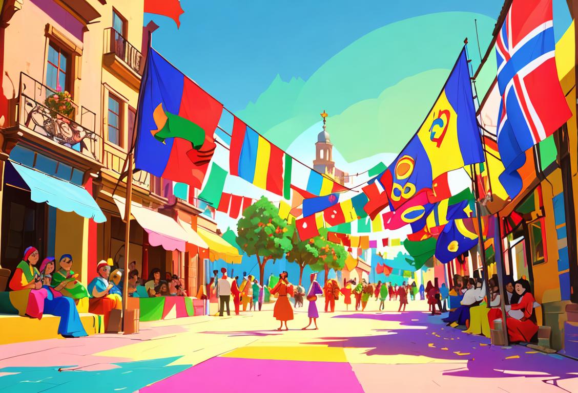 A diverse group of people wearing vibrant colors, representing different cultures and traditions, in a lively cityscape full of colorful decorations and flags..
