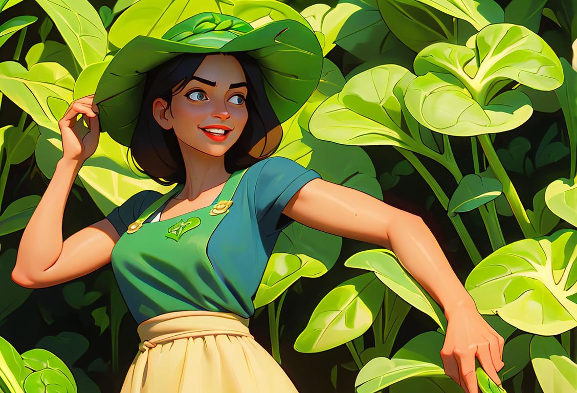 A cheerful woman in a garden, holding a large bunch of fresh spinach, wearing a sun hat and apron, surrounded by vibrant greenery..