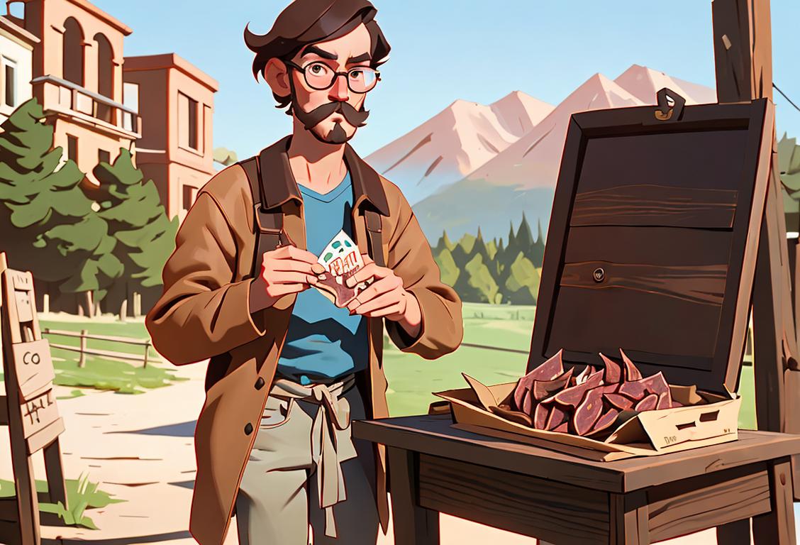 A person in hipster attire, standing in a rustic outdoor setting, holding a bag of assorted handcrafted jerky..