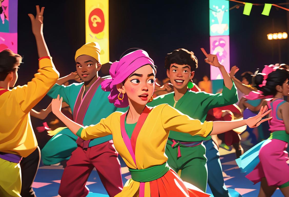 Young people of diverse ethnic backgrounds dancing energetically, wearing colorful outfits and surrounded by a vibrant cityscape at night..