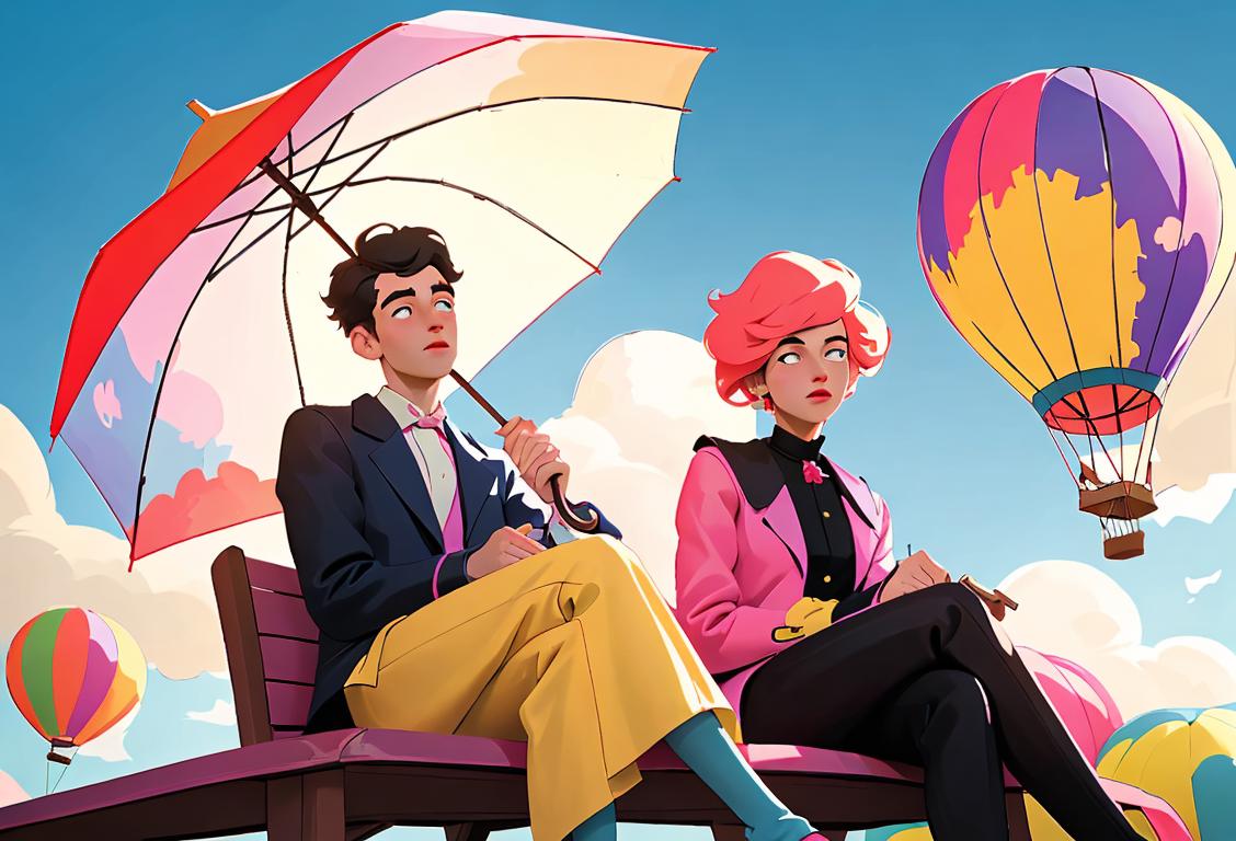 Young man and woman sitting under a bright balloon-filled sky, each holding a colorful umbrella, dressed in trendy outfits with a mix of vintage and modern fashion..