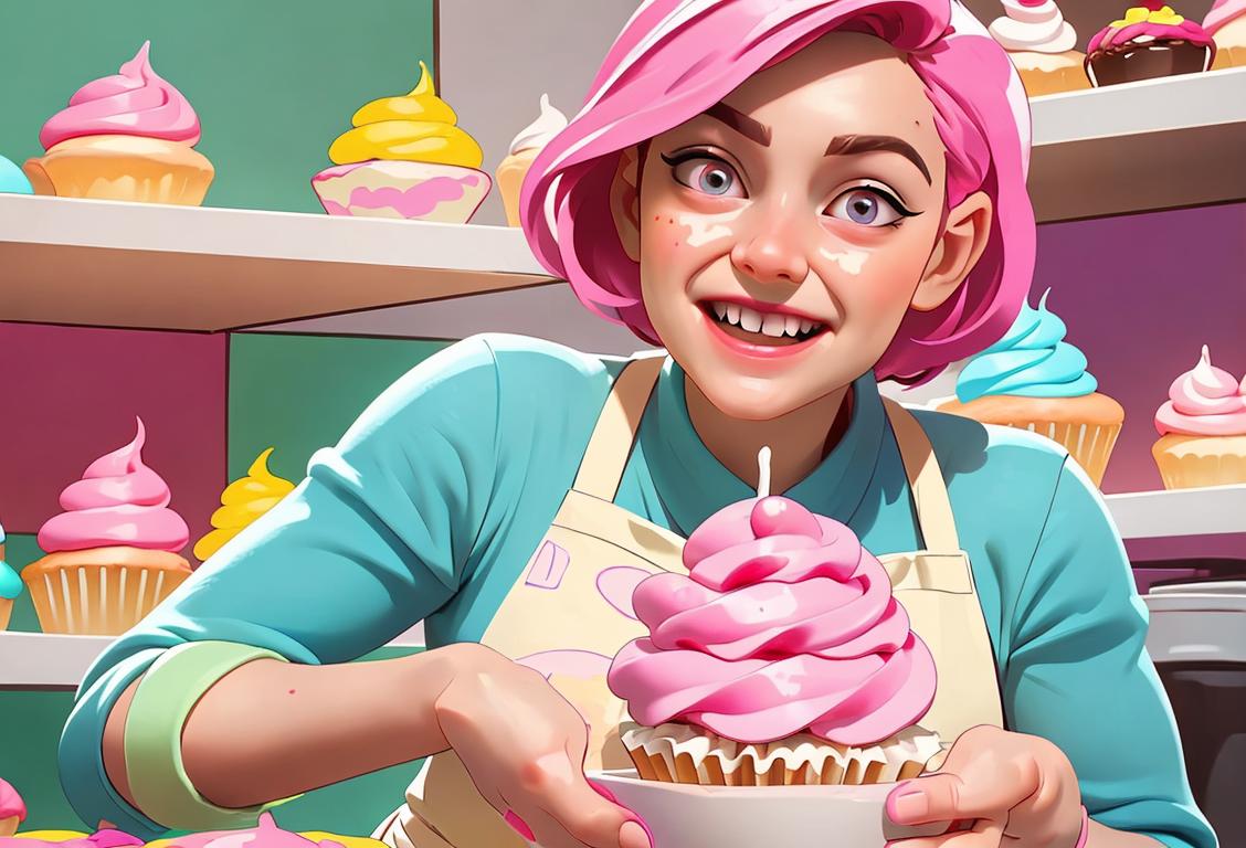 A cheerful person with frosting-covered fingers, wearing a colorful apron, surrounded by a kitchen filled with cupcake decorations and baking supplies..