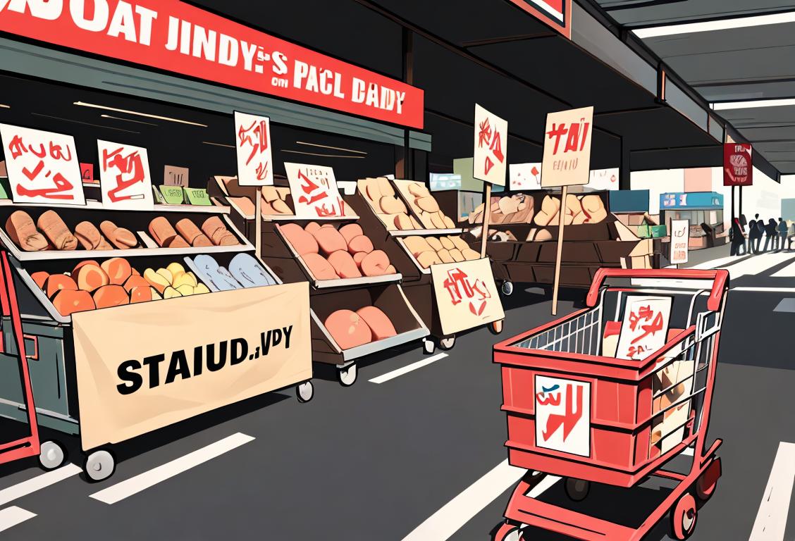 Virtual protesters holding signs with slogans while surrounded by shopping carts and empty store shelves, expressing the spirit of National Strike and Buy Nothing Day..