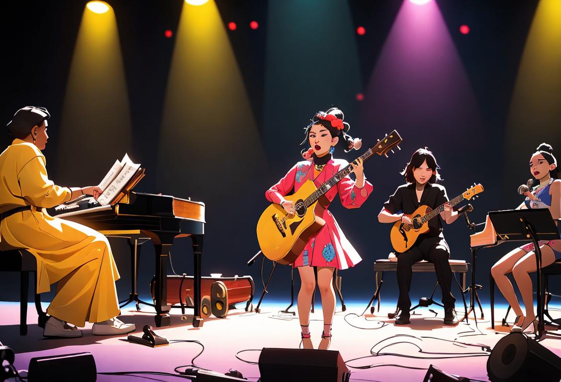 A diverse group of people playing various musical instruments, showcasing different musical genres and fashion styles, set against a vibrant concert backdrop..