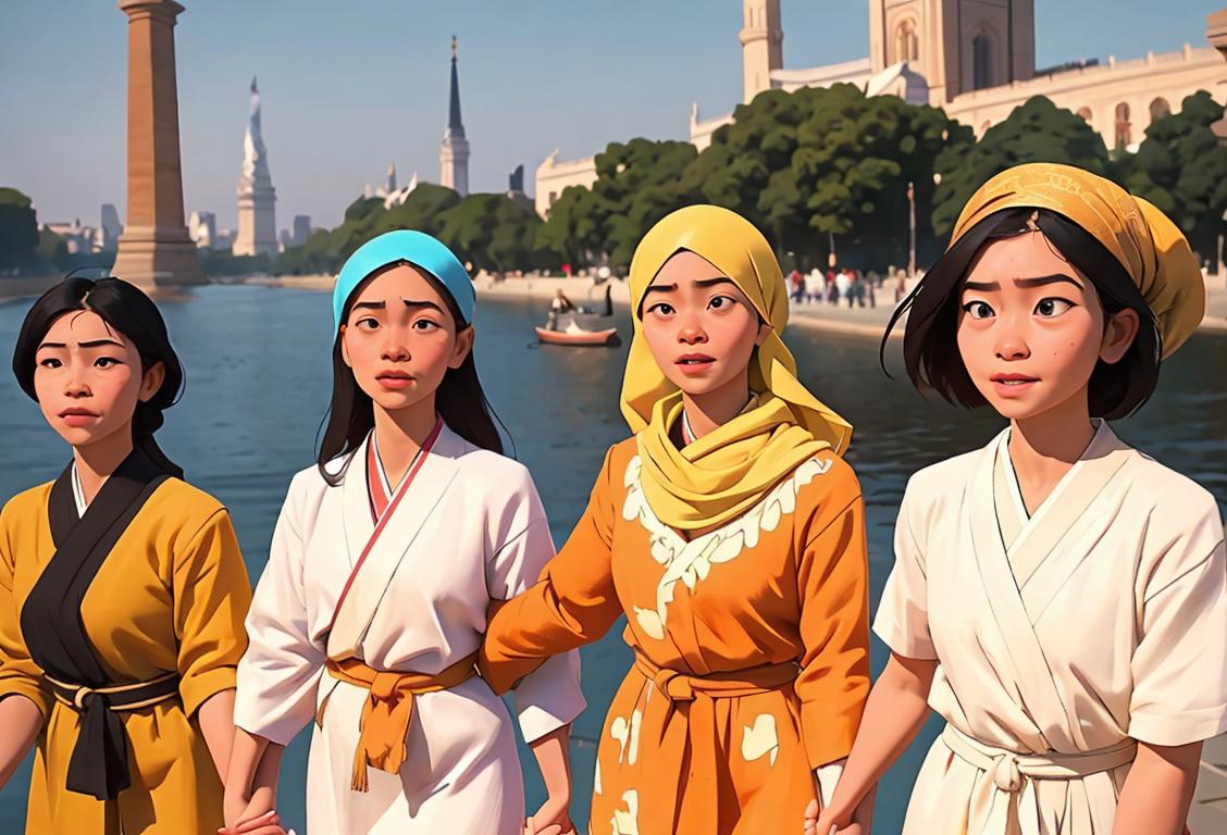 A diverse group of people from different cultures, wearing traditional clothing, holding hands in solidarity for human rights, against a backdrop of global landmarks..