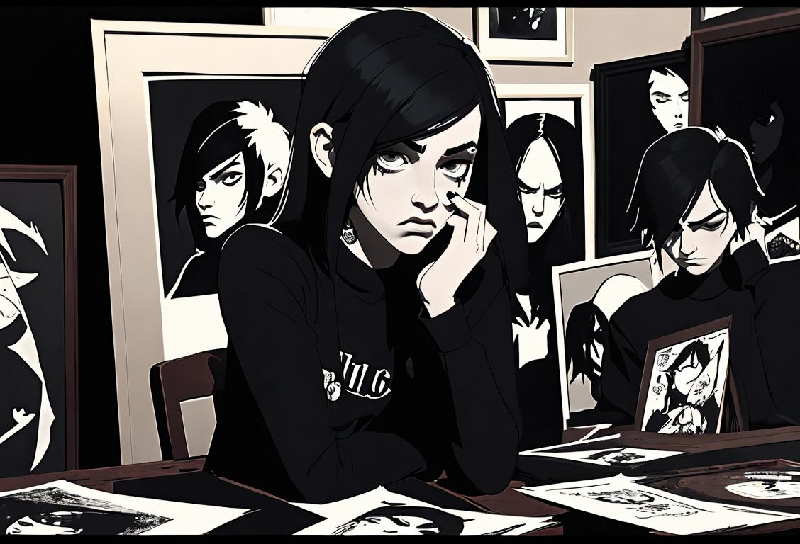Emo teenager in black attire, listening to sad music, surrounded by vintage posters, punk-inspired fashion, dark bedroom setting..