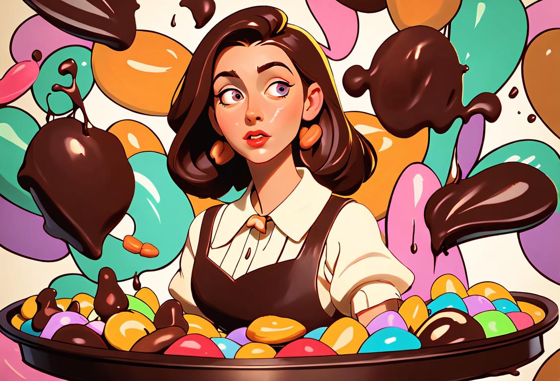 Young woman holding a tray of chocolate-covered peanuts, wearing a vintage-inspired dress, surrounded by overflowing jars of colorful candies..
