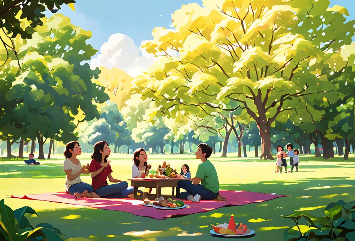 Family picnicking in a national park, surrounded by lush greenery and wildlife, wearing casual outdoor clothing, sunny day..