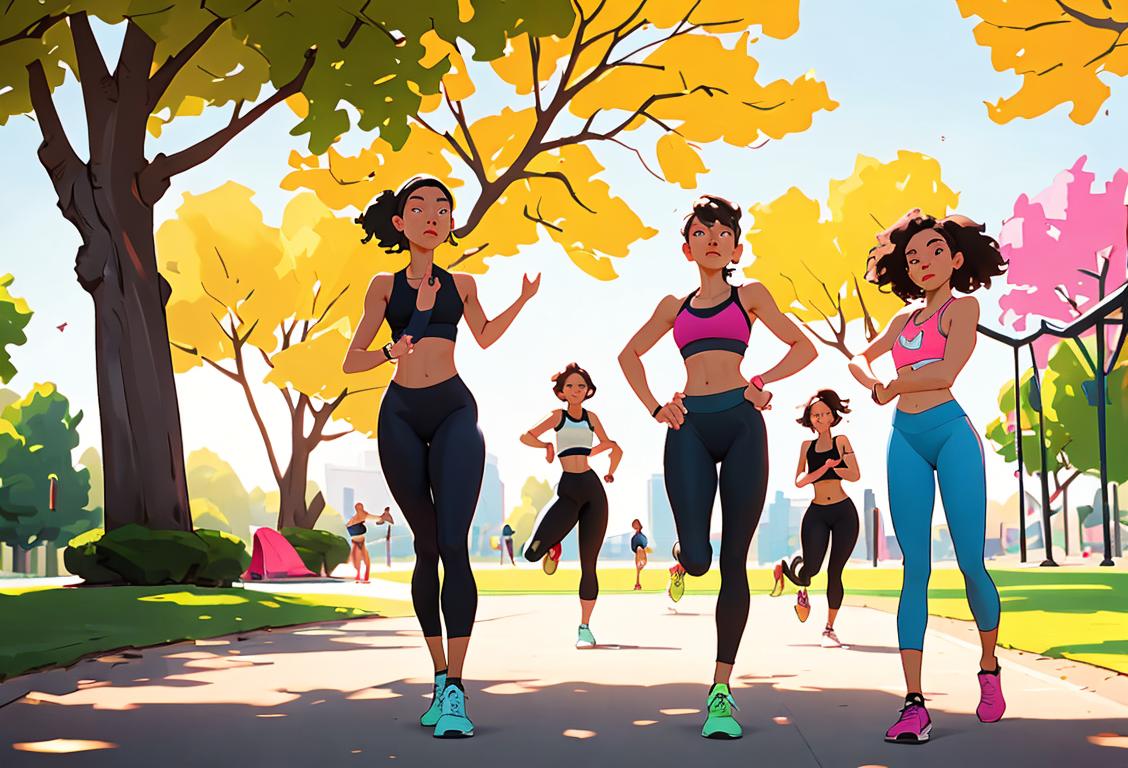 A diverse group of fitness enthusiasts, wearing colorful sports bras, doing various outdoor activities like jogging, yoga and cycling in a vibrant city park..