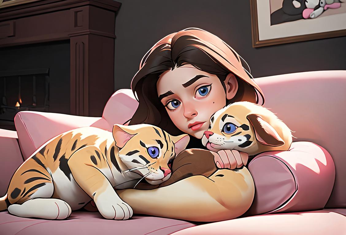 A young girl with her favorite pet, cuddling on a cozy sofa surrounded by their favorite toys..