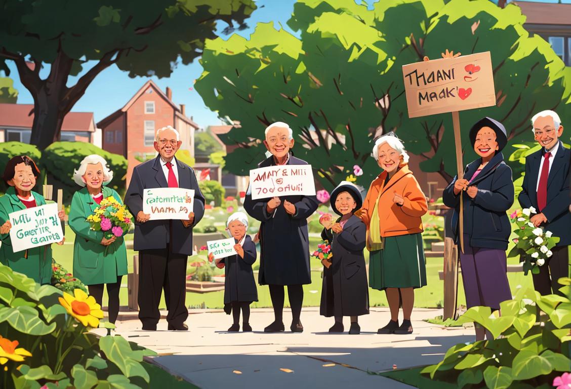 A diverse group of residents from different backgrounds and ages, gathered around a community garden, smiling and holding signs of gratitude..