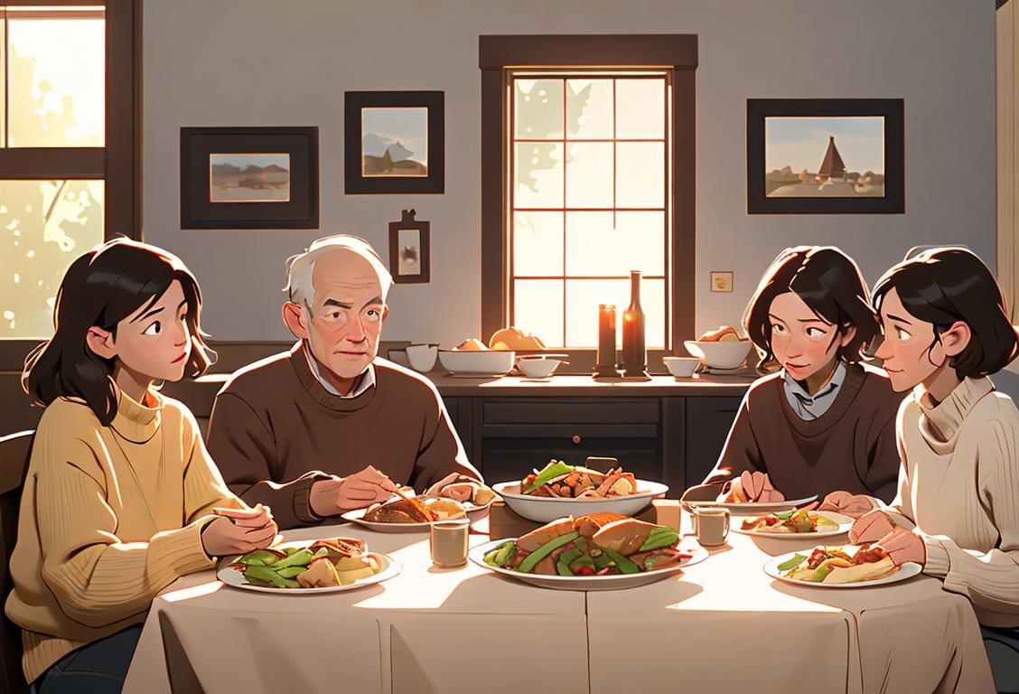 Family sitting around a dinner table with various delicious leftover dishes, wearing cozy sweaters, modern farmhouse style, warm and inviting home setting..
