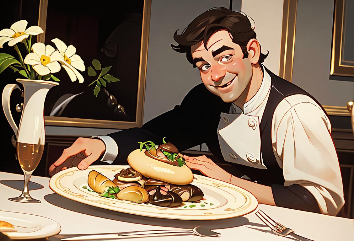 A smiling chef in a French bistro, preparing a plate of escargot with a classic French table setting..