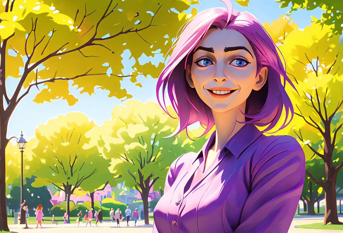 Young woman with a fibromyalgia awareness ribbon, smiling in a sunny park, wearing comfortable clothes, surrounded by supportive friends..