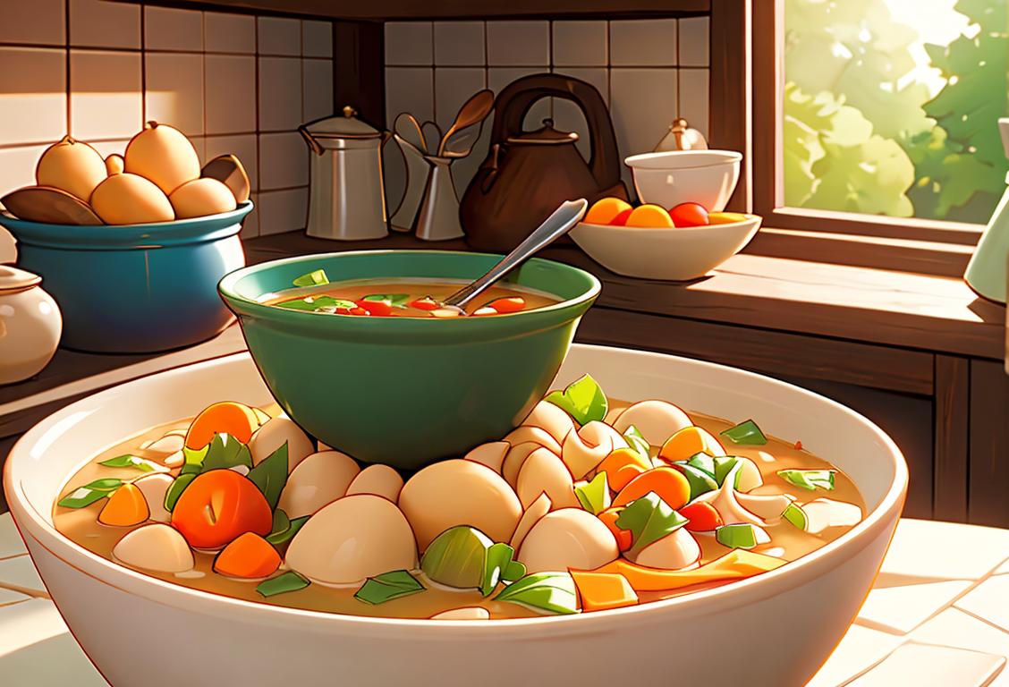 Bowl of delicious homemade soup surrounded by colorful fresh ingredients, cozy kitchen setting with an apron, rustic country decor..