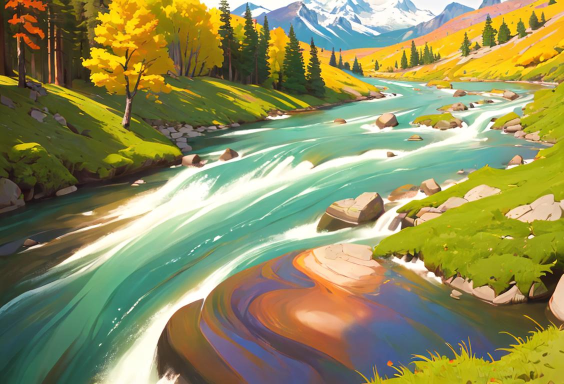 Family hiking in a scenic national park, wearing colorful outdoor clothing, nature backdrop with majestic mountains and flowing rivers..