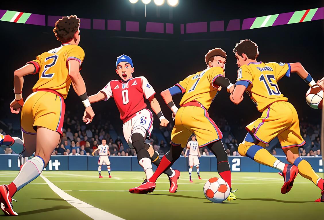 A group of diverse athletes competing in a high-stakes championship game, wearing colorful jerseys and showcasing various sports scenes like basketball, soccer, and football..