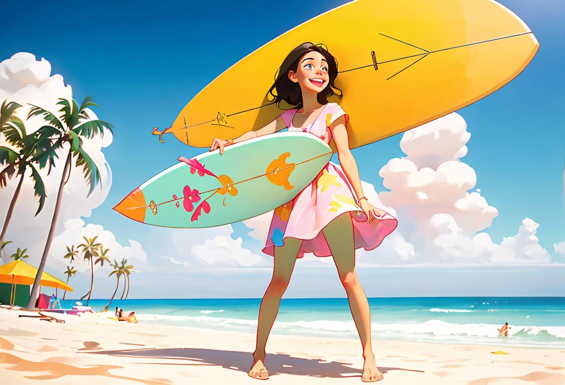 Young woman excitedly packing boxes, wearing a colorful sundress, beach setting with palm trees and surfboards in the background..