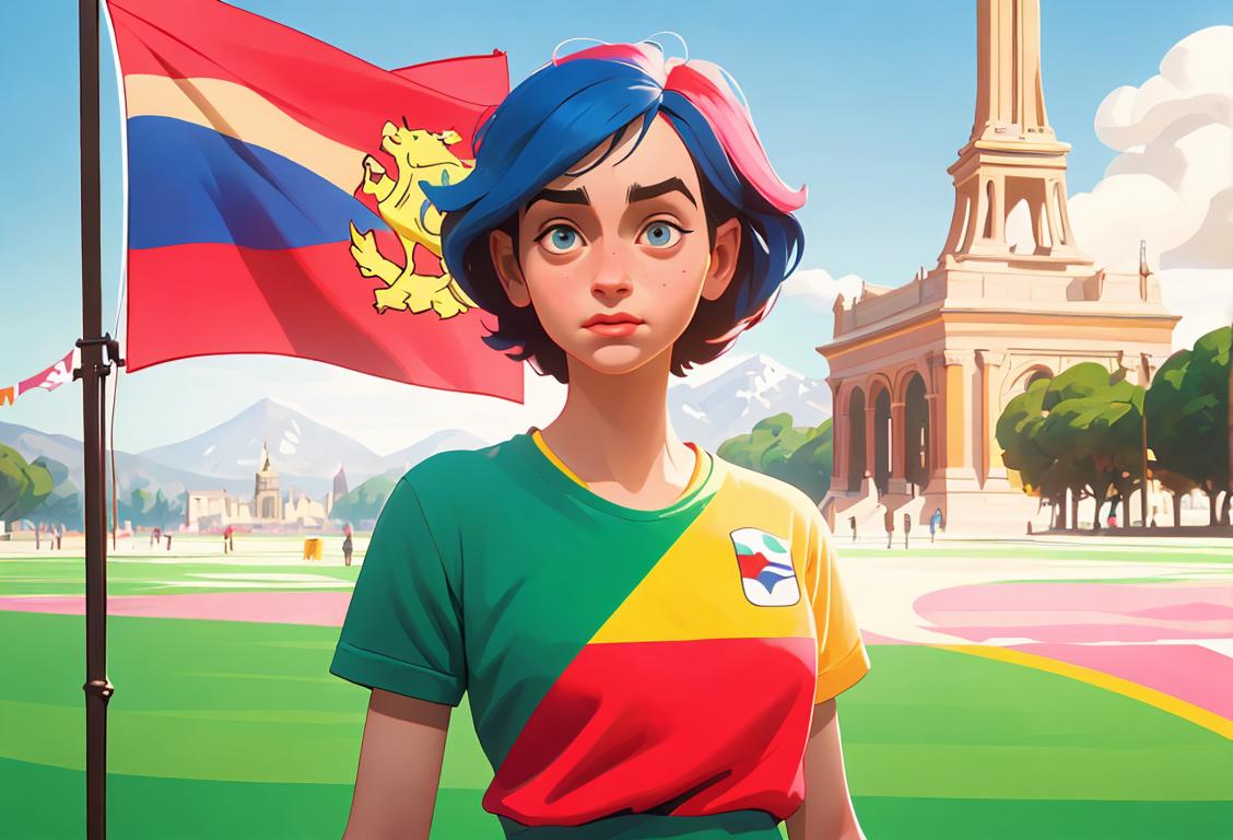 A person wearing a vintage national flag shirt with mismatched colorful accessories, standing in front of a backdrop showing both national landmarks and symbols of nonconformity..