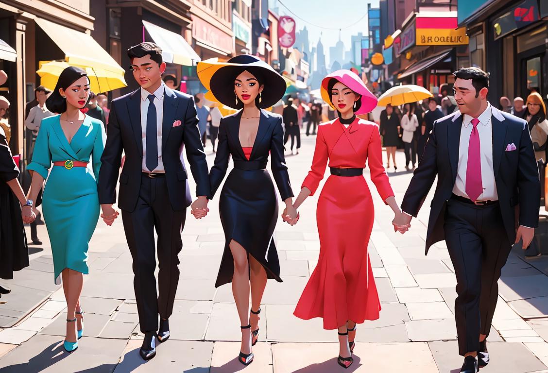 A diverse group of individuals, dressed in fashionable attire, embracing and holding hands, in a vibrant city setting..