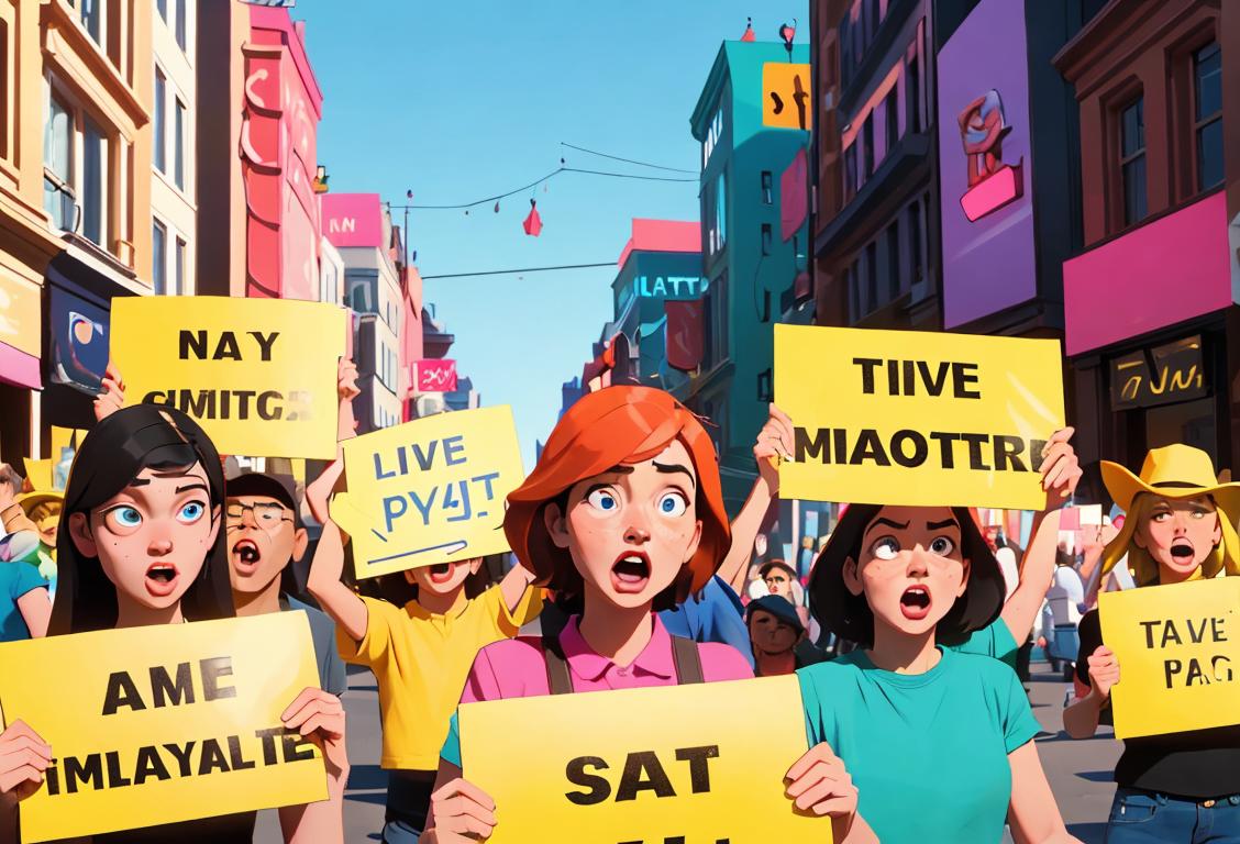 A diverse group of people holding signs and chanting, wearing colorful shirts, lively city street scene..