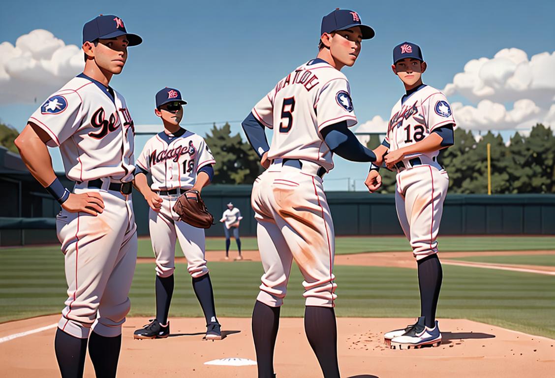 A group of baseball players from the National League in their team uniforms, ready for Opening Day. They exude confidence, determination, and camaraderie..