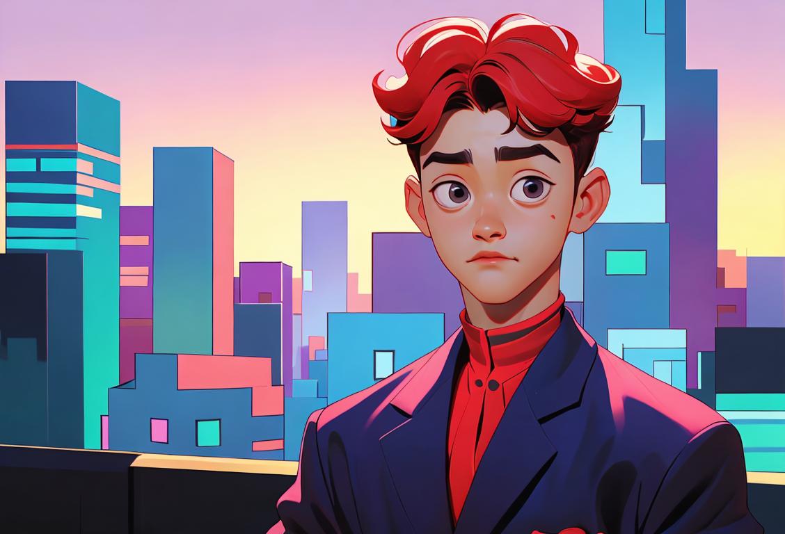 A young man named Mark Lee, wearing a stylish outfit, posing confidently in front of a microphoone with a vibrant city backdrop..