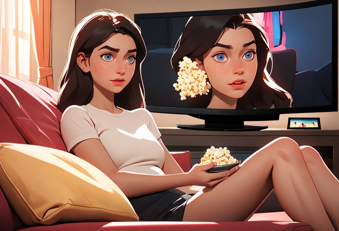 Young woman happily watching TV on a cozy couch, surrounded by popcorn and her favorite TV shows playing on a big screen..