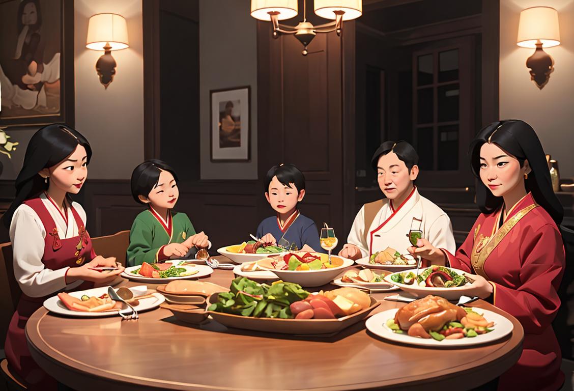 Family gathered around a beautifully set dinner table, with a variety of cuisines and traditional outfits, creating a warm and inviting atmosphere..