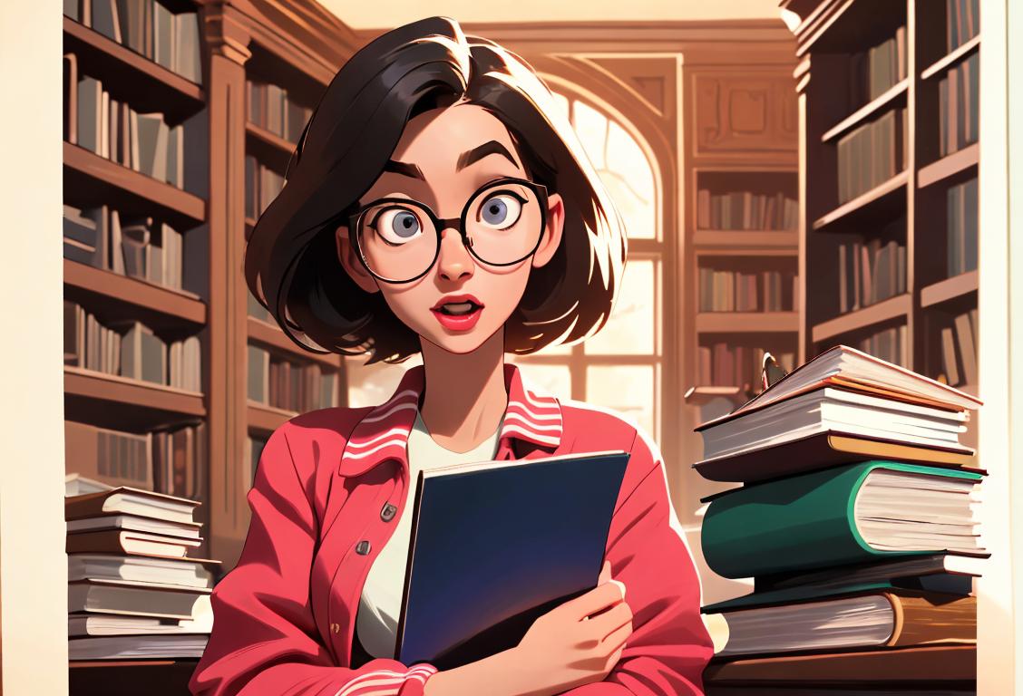 An excited young woman surrounded by stacks of books, wearing glasses and a varsity jacket, in a vibrant library setting..