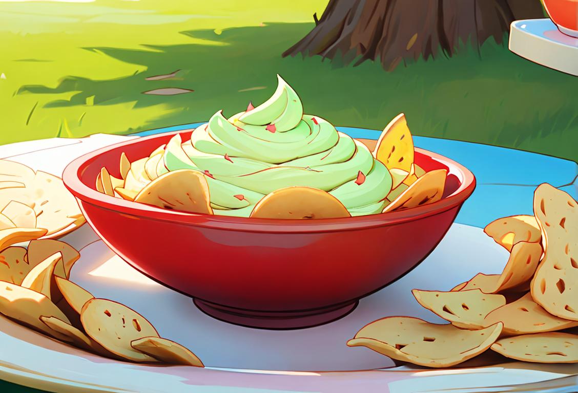 A group of colorful bowls filled with various delicious chip dips, surrounded by a vibrant outdoor picnic scene..