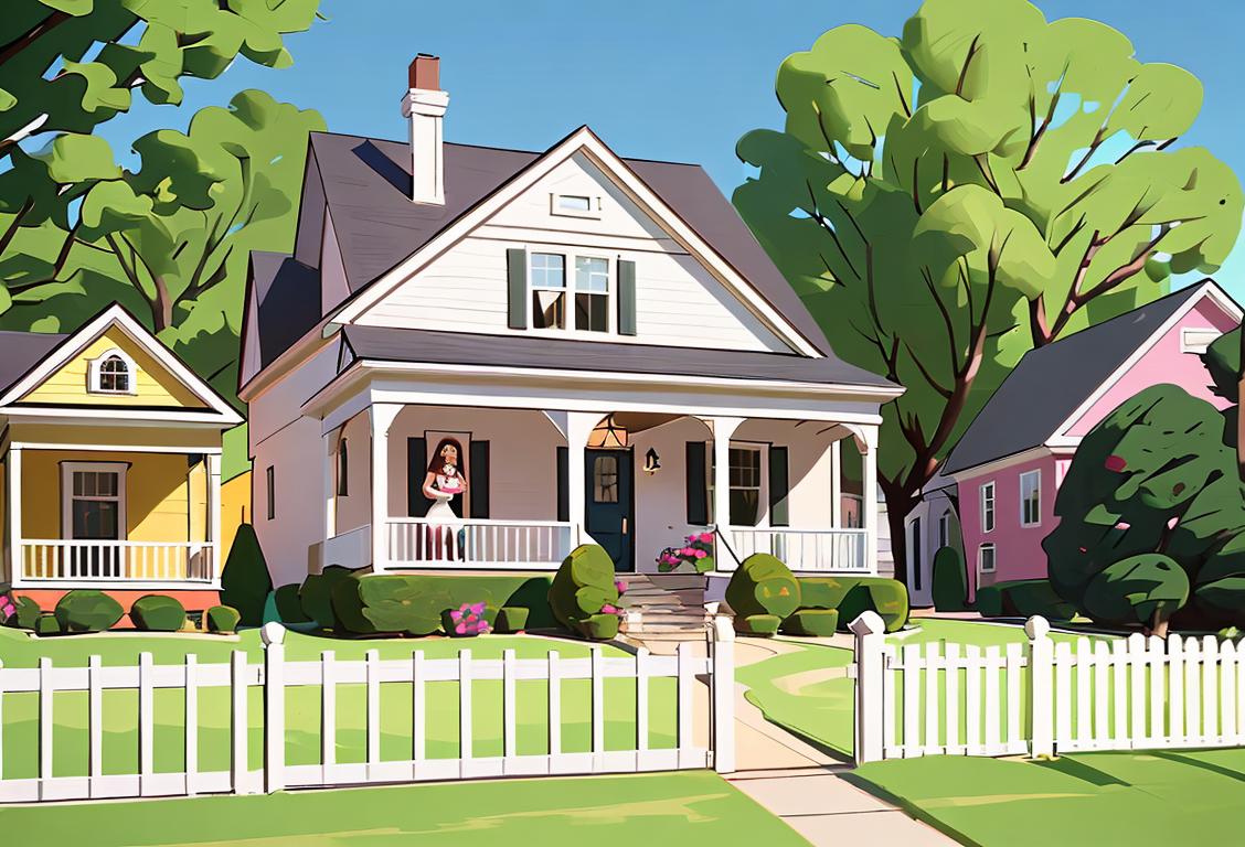 A group of stylish women in colorful dresses, gossiping over white picket fences in a suburban neighborhood..