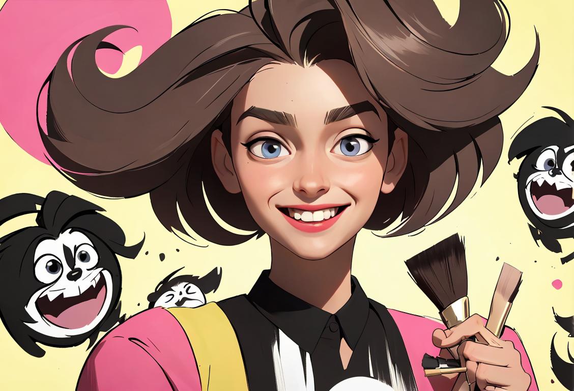 A joyful person with brushed hair and a big smile, wearing trendy urban fashion, surrounded by different types of brushes..