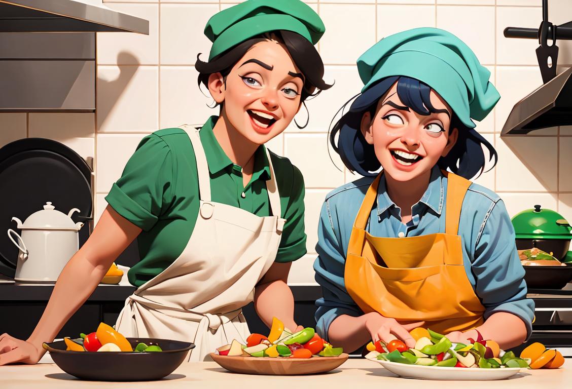 A diverse group of people in a vibrant kitchen, wearing chef hats and aprons, laughing and preparing a variety of delicious dishes with colorful fresh ingredients..