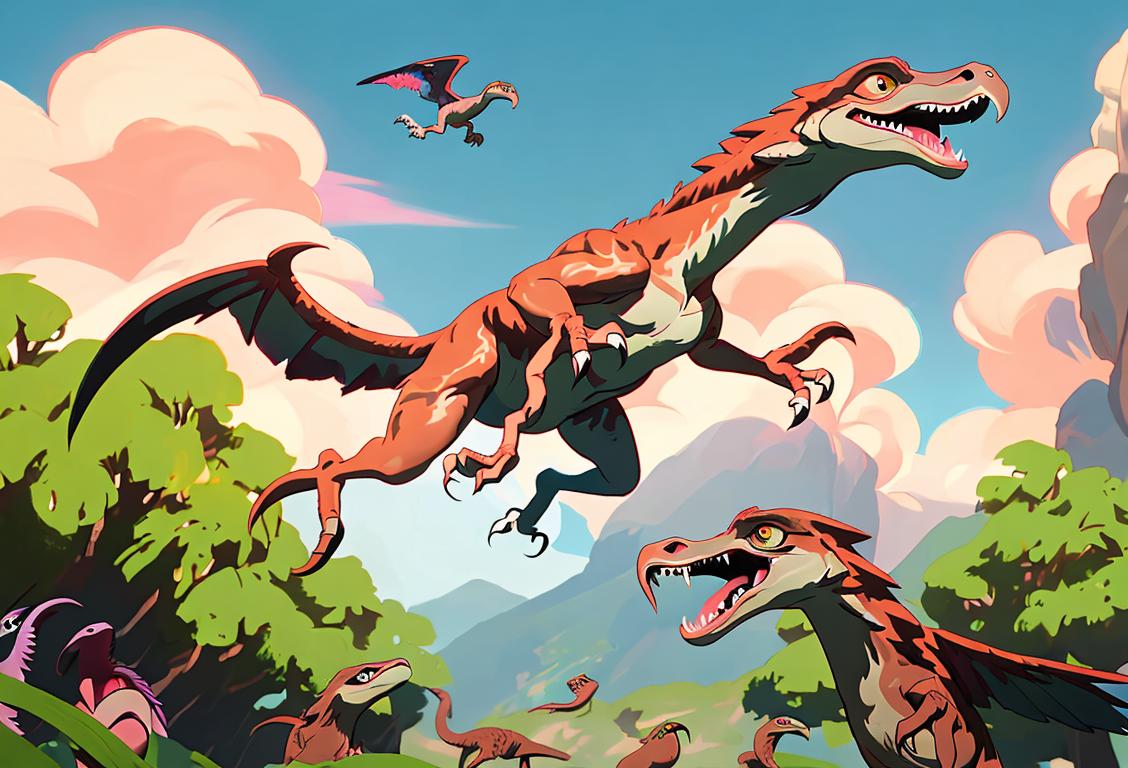Illustration of a group of velociraptors in a lush prehistoric forest, with vibrant colors and a sense of excitement in the air..