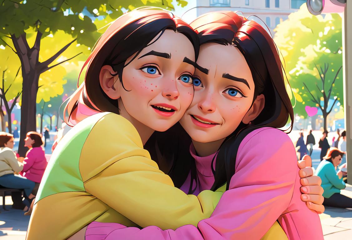 Enthusiastic people of all ages, wearing colorful clothes, spread love and warm hugs in a bustling city park..