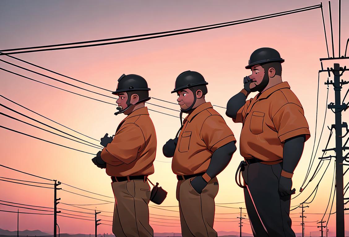 Happy linemen standing in front of electrical poles, wearing safety gear, with a beautiful sunset in the background..