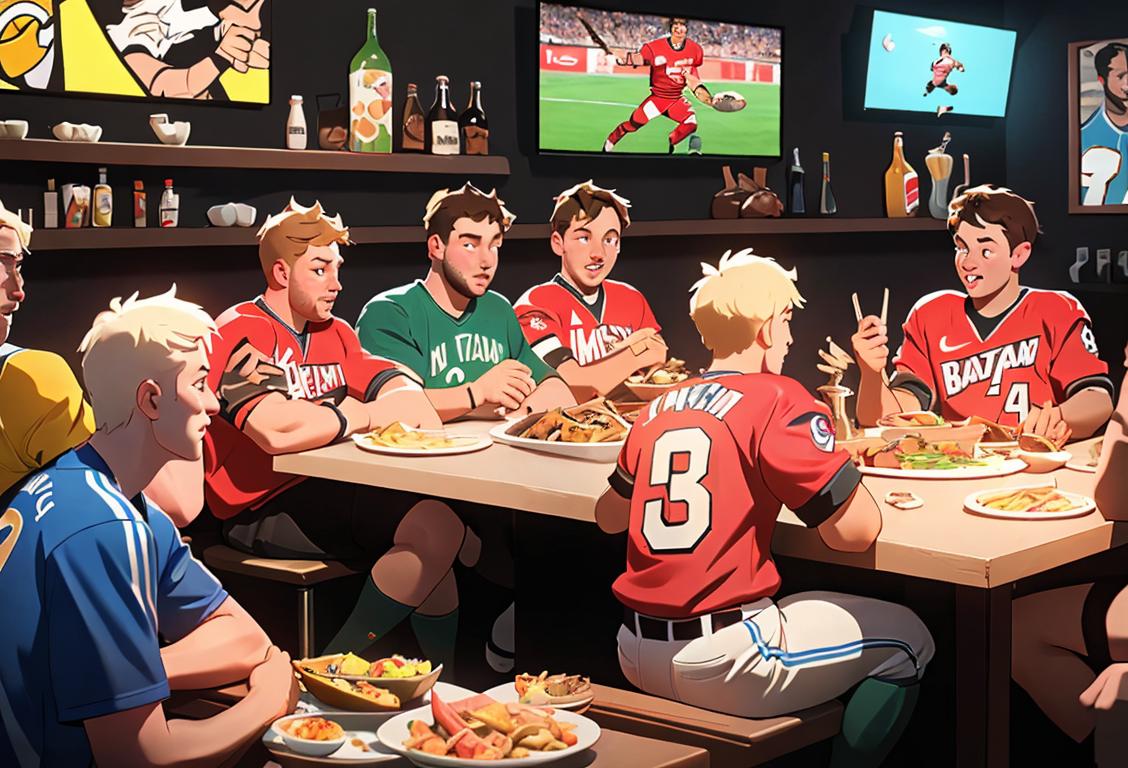 Group of friends enjoying a messy feast, wearing sports jerseys, vibrant sports bar setting with trophies and memorabilia..