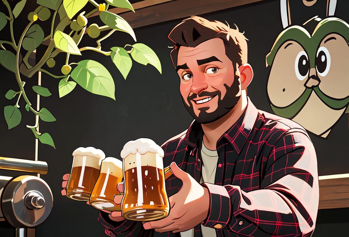 A cheerful person holding a growler of beer, wearing a plaid shirt, surrounded by craft beer taps and hop vines..