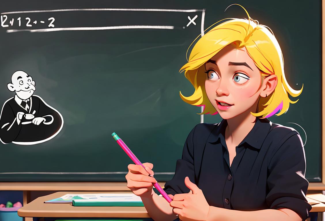 A friendly teaching assistant helping a student, holding a chalkboard, in a colorful and lively classroom environment..