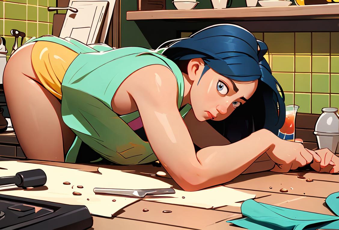 Person cleaning up a spilled drink, wearing an apron, vibrant and tidy kitchen setting..