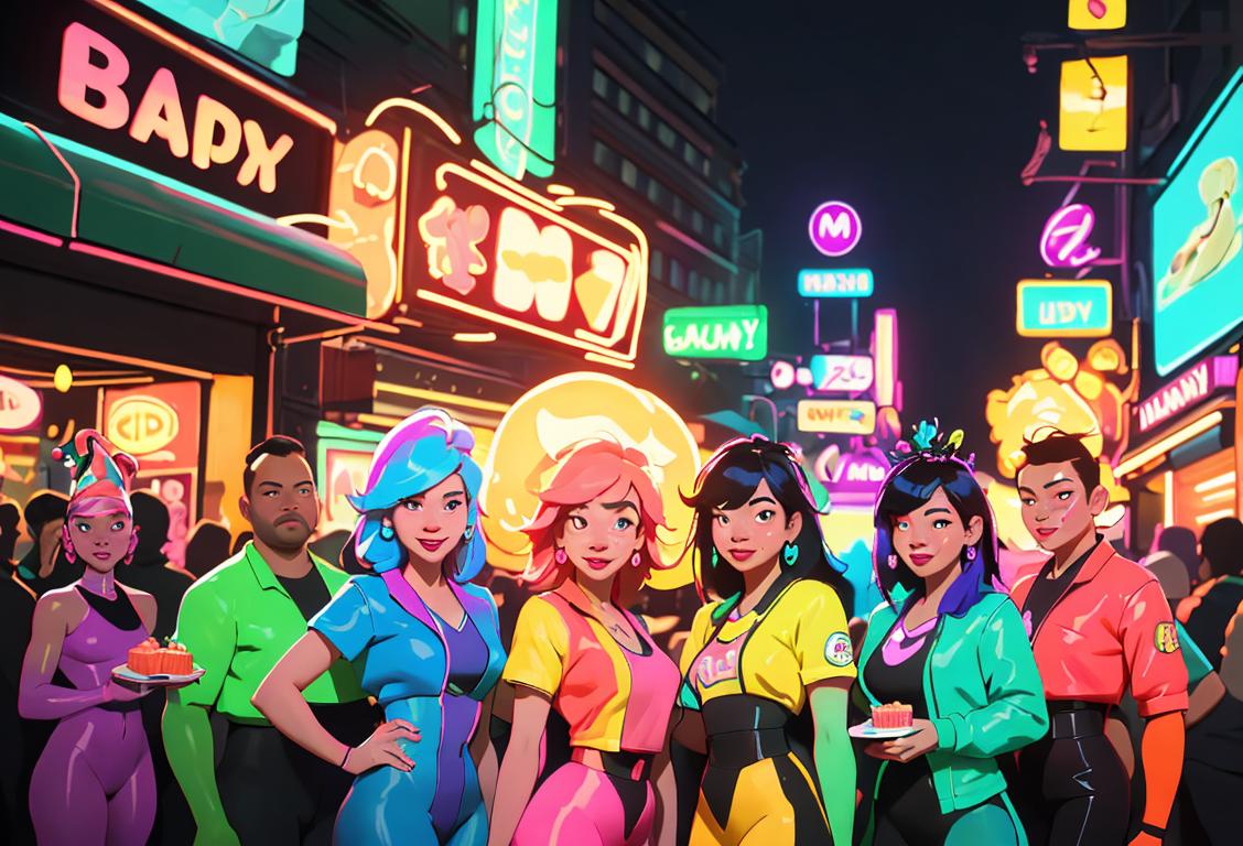 A group of diverse friends celebrating Mee B Day with colorful costumes, neon lights, and a festive cityscape in the background..