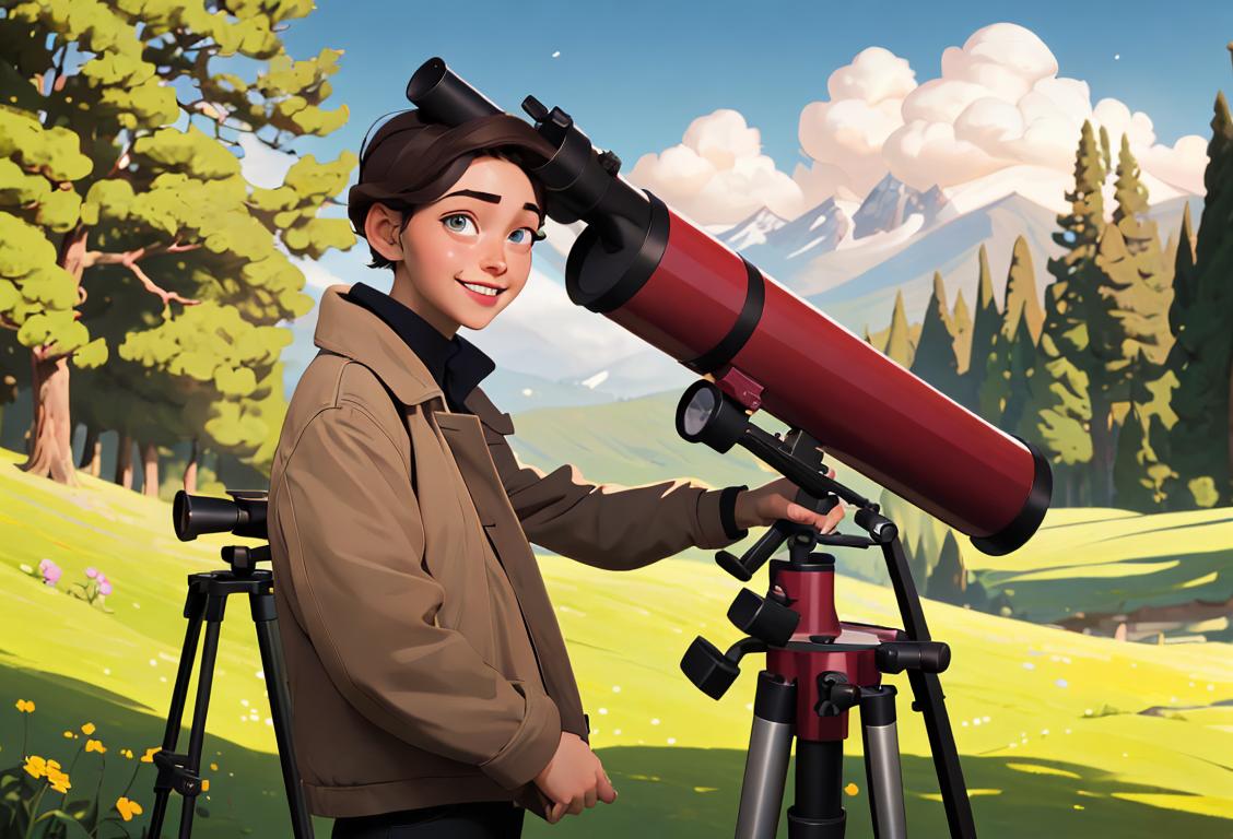 Young adult with a smile, wearing a stylish outfit, capturing a breathtaking nature scene through a telescope..
