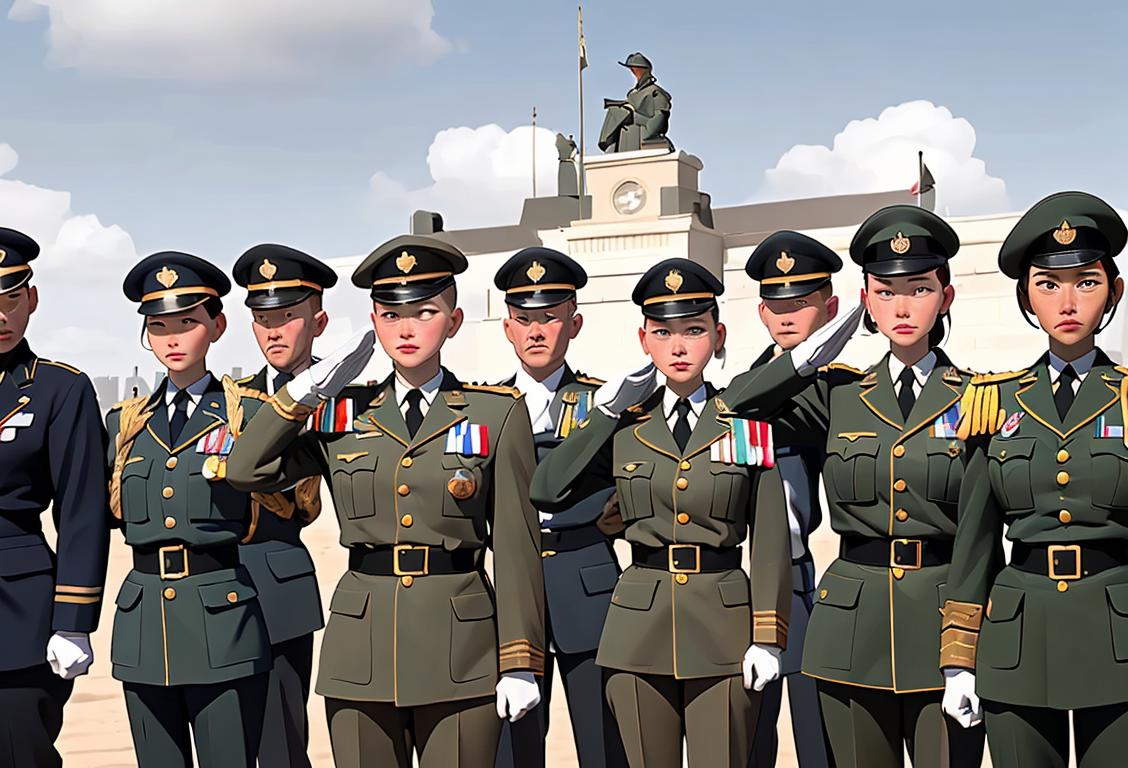 Soldier in military uniform, saluting, standing in front of a diverse group of men and women. Uniforms depict different styles and scenes..