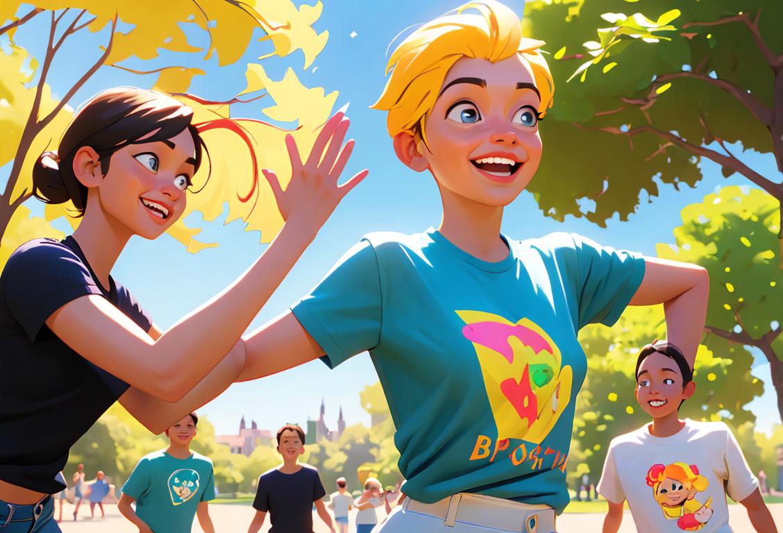 A bright, cheerful image of a diverse group of people lending a helping hand, wearing vibrant t-shirts, in a sunny park setting..