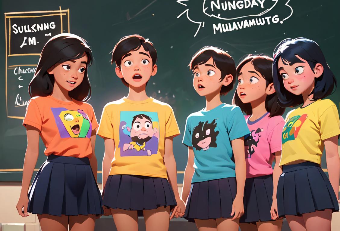 Happy young students of diverse backgrounds, wearing colorful t-shirts, standing together with unity against bullying, school setting with chalkboard in the background..