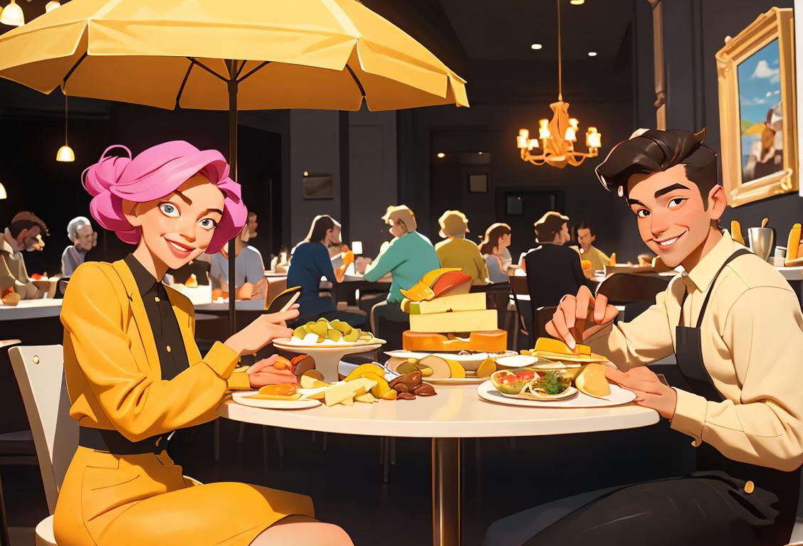 A group of diverse individuals sitting around a table, smiling, enjoying a cheese platter. Colorful outfits, trendy hairstyles, modern cafe setting..