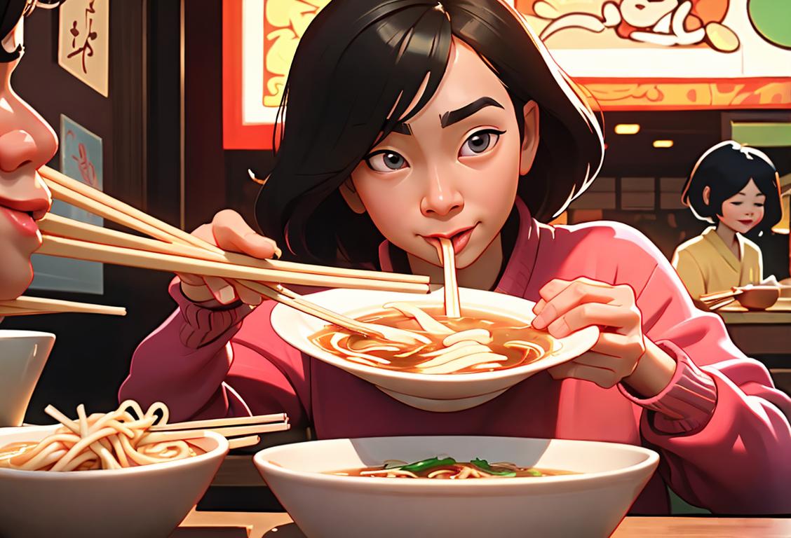 A joyful individual slurping pho noodles with chopsticks, wearing a colorful scarf, cozy sweater, bustling Asian street scene..